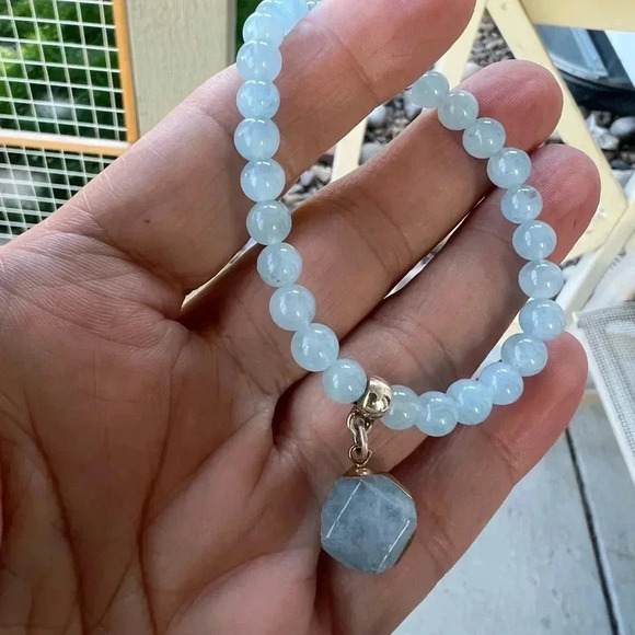 Aquamarine Gemstone Bracelet, Stretch Bracelet,Womens and Mens Bracelet - Picture 4 of 4